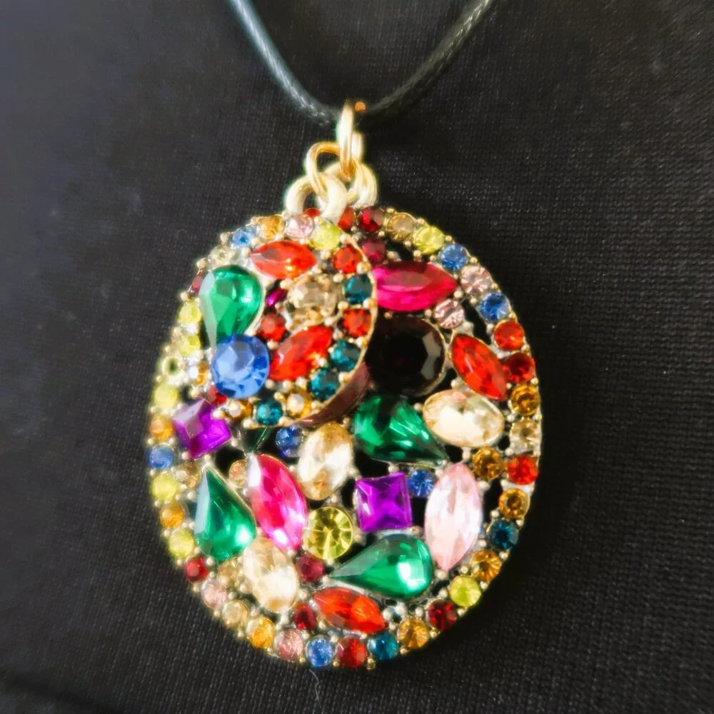 Vintage Rhinestone Pendant Lot 2 Pc Multicolor Crystal Cluster Statement Wear - Picture 2 of 15